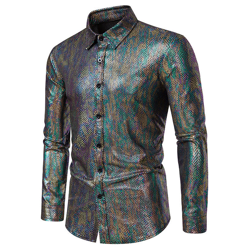 Men's Snakeskin Print Metallic Shirt - Long Sleeve Stage Performance Shirt