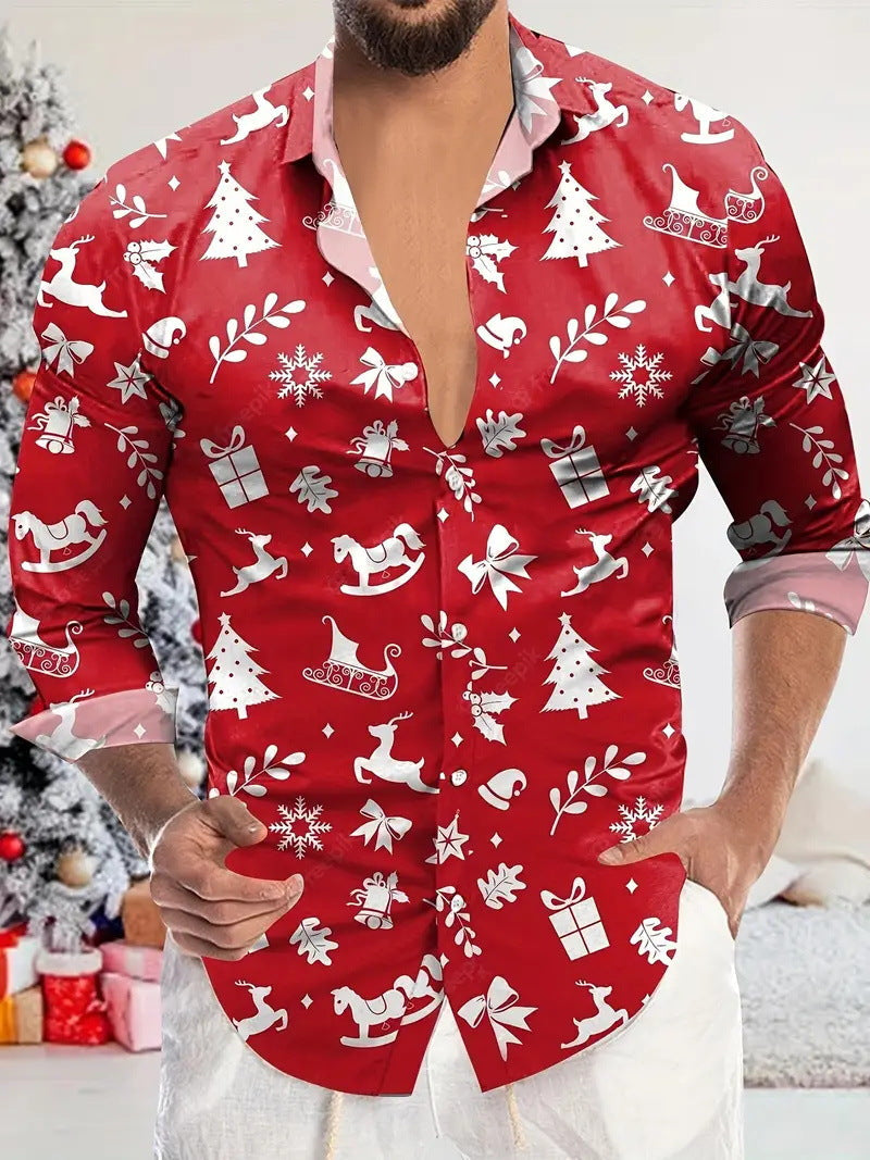 Men's Christmas 3D Digital Print Shirt - Long Sleeve Holiday Casual Shirt