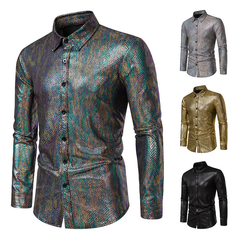 Men's Snakeskin Print Metallic Shirt - Long Sleeve Stage Performance Shirt