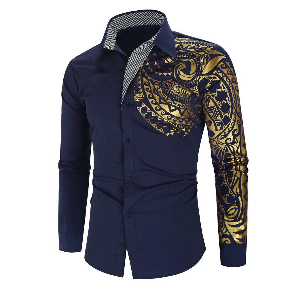 Men's Totem Print Metallic Shirt - Long Sleeve Gold Foil Pattern by Global Dress Shirts