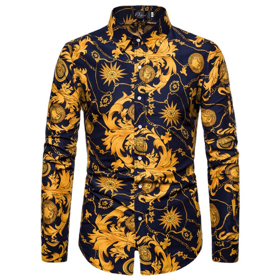 Men's Floral Print Shirt - Long Sleeve Korean Style Plus Size