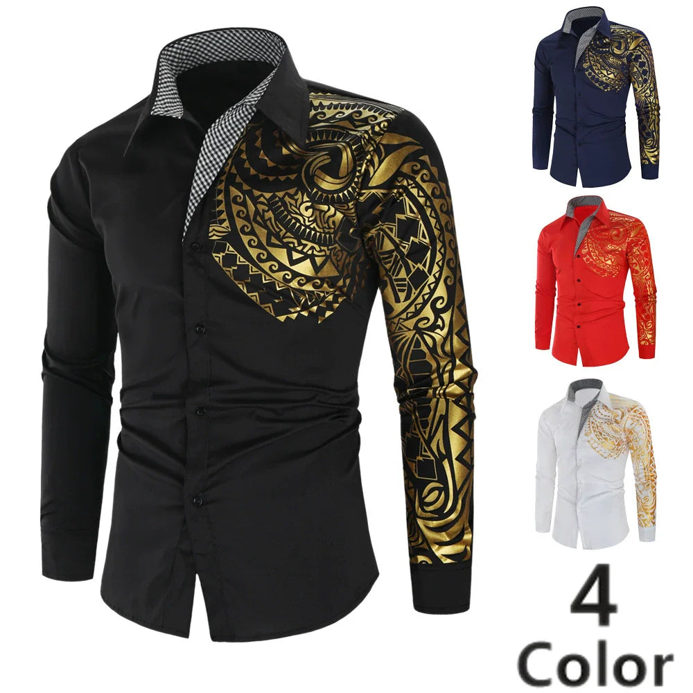Men's Totem Print Metallic Shirt - Long Sleeve Gold Foil Pattern by Global Dress Shirts