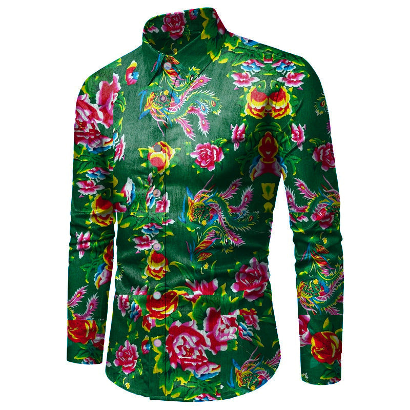 Men's Bold Floral Print Shirt - Long Sleeve Casual Multicolor
