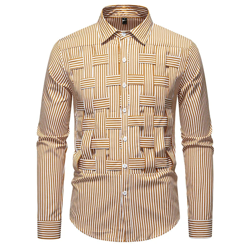 Men's Striped Woven Plaid Shirt - Long Sleeve Casual Designer Style