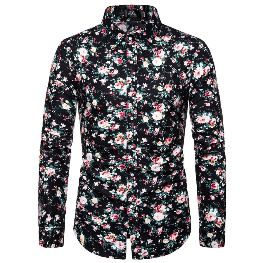 Men's Floral Print Shirt - Long Sleeve Korean Style Plus Size