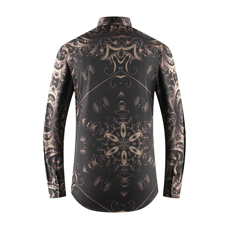Men's Print Stretch Shirt - Iron-Free Long Sleeve Lapel Collar Coffee