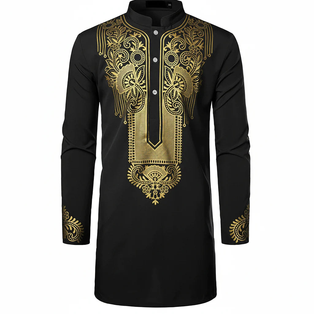 Men's African Totem Print Shirt - Long Sleeve Ethnic Pattern by Global Dress Shirts