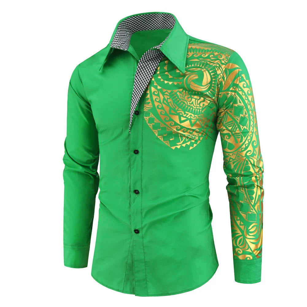 Men's Totem Print Metallic Shirt - Long Sleeve Gold Foil Pattern by Global Dress Shirts