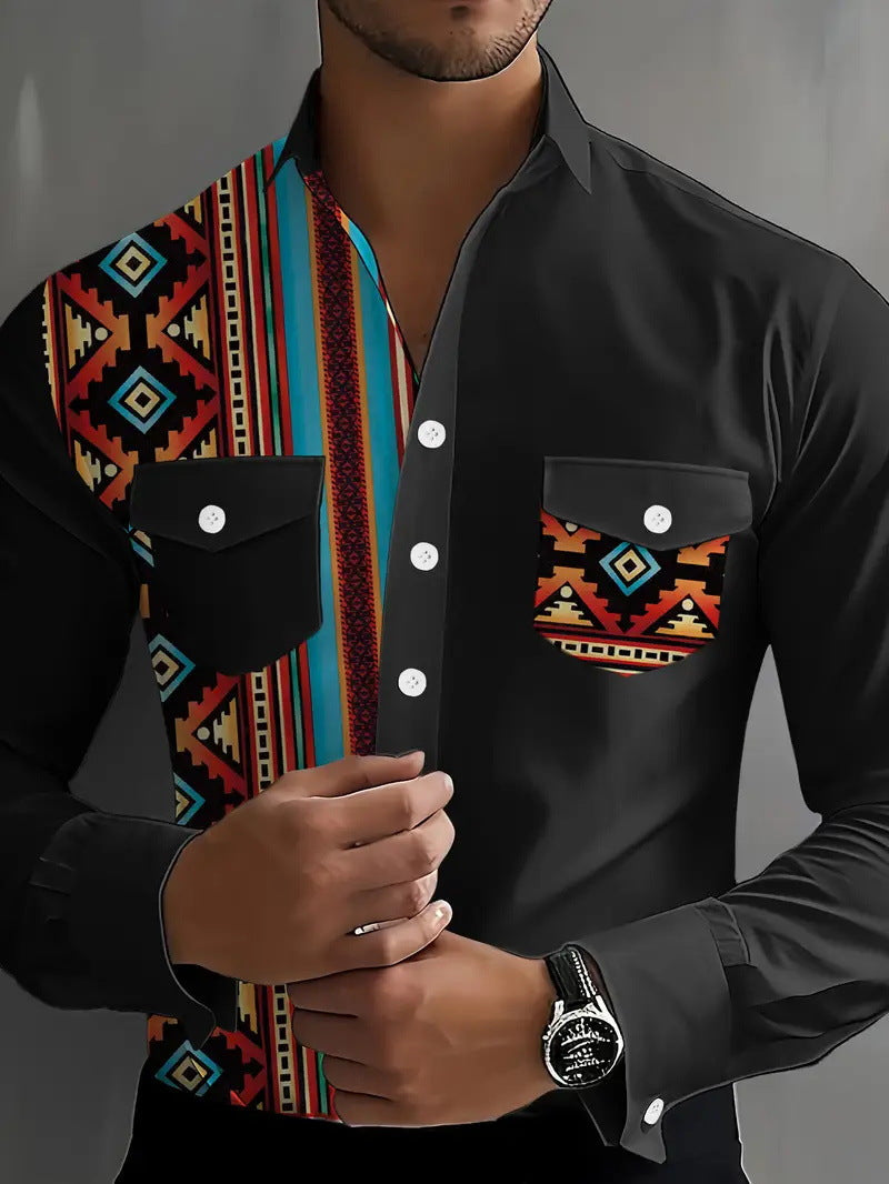 Men's Color Block Print Shirt - Long Sleeve Casual Shirt 2025