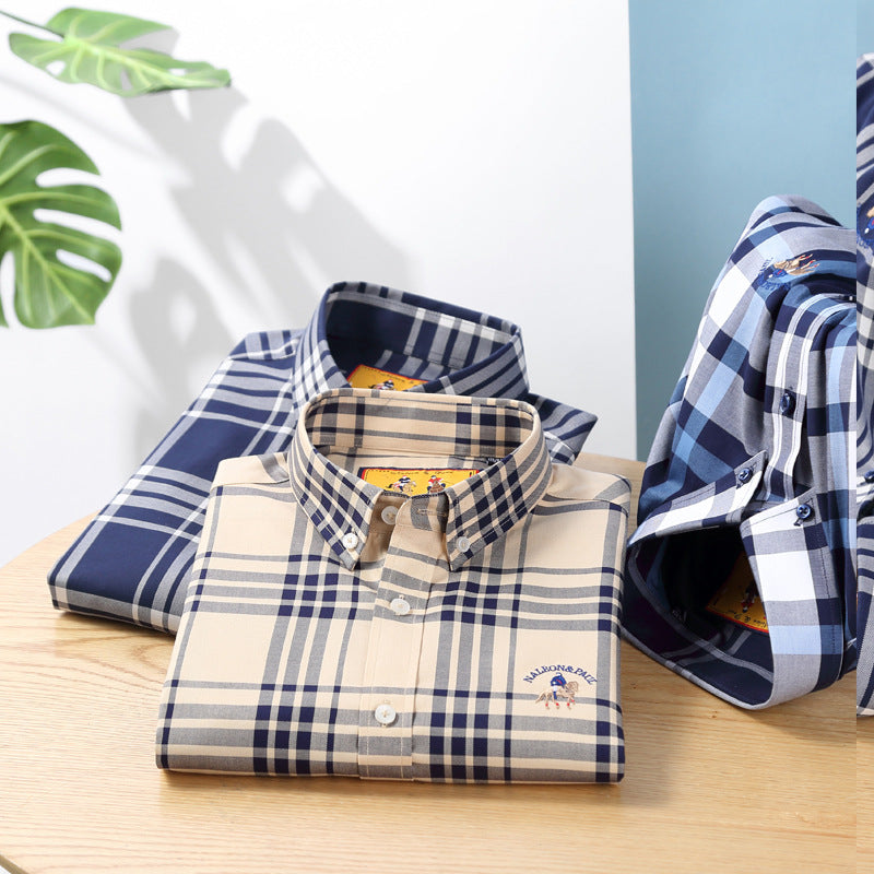 Garment washed long sleeve plaid shirt