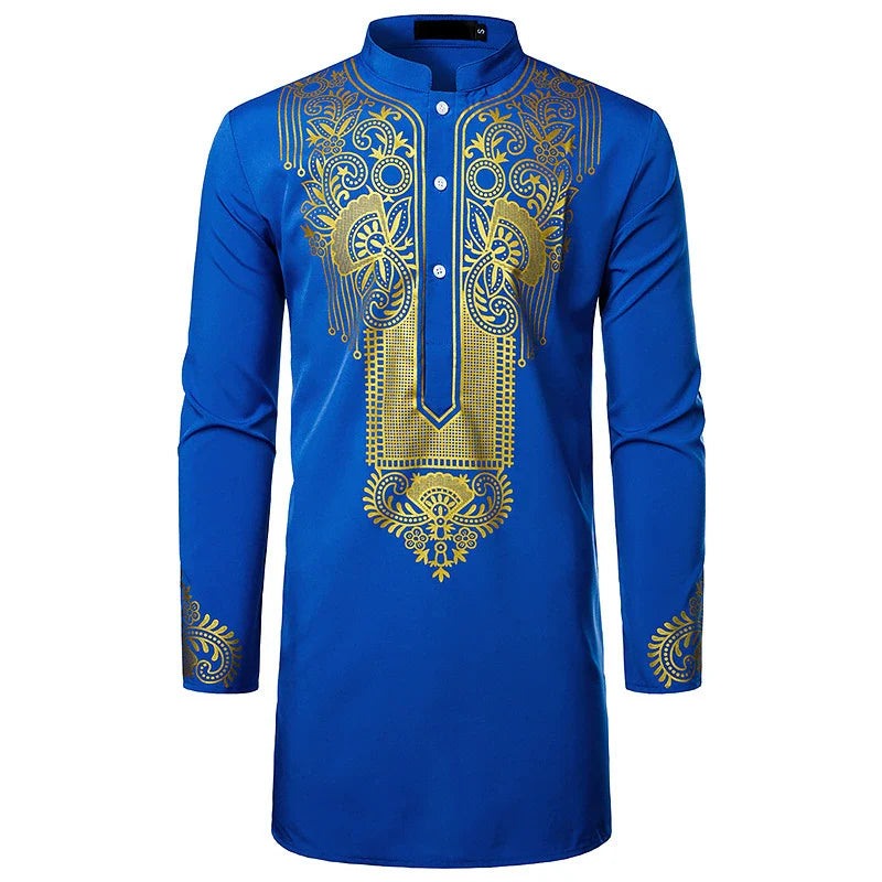Men's African Totem Print Shirt - Long Sleeve Ethnic Pattern by Global Dress Shirts