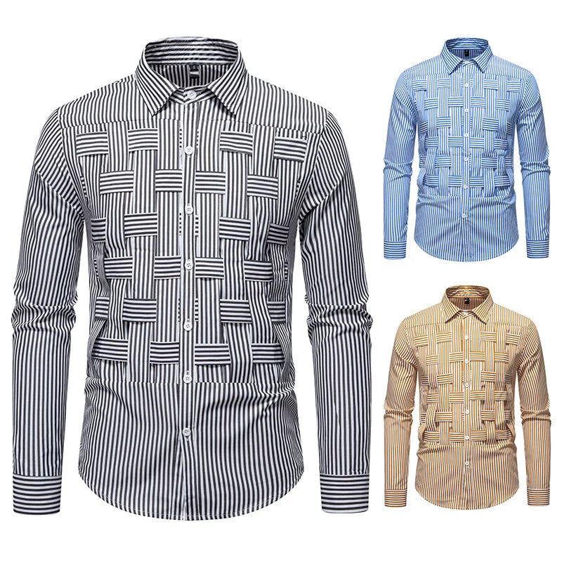 Men's Striped Woven Plaid Shirt - Long Sleeve Casual Designer Style